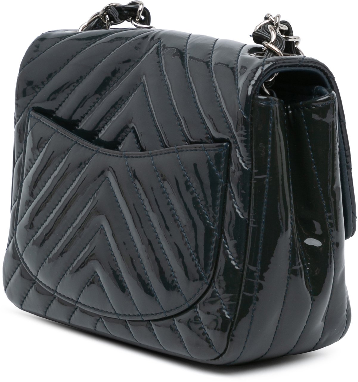 Chanel Mini Square Classic Chevron Patent Single Flap Blauw
