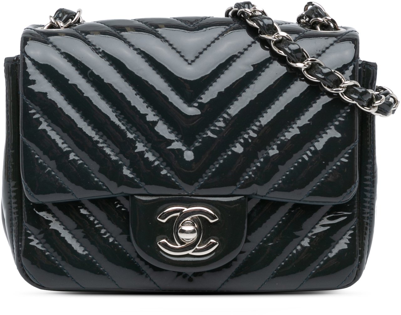 Chanel Mini Square Classic Chevron Patent Single Flap Blauw