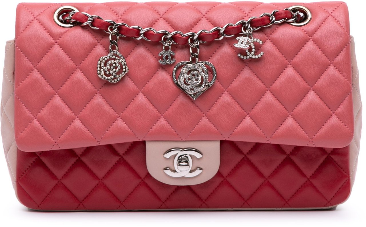 Chanel Medium Classic Tricolor Lambskin Valentines Heart Charms Single Flap Roze