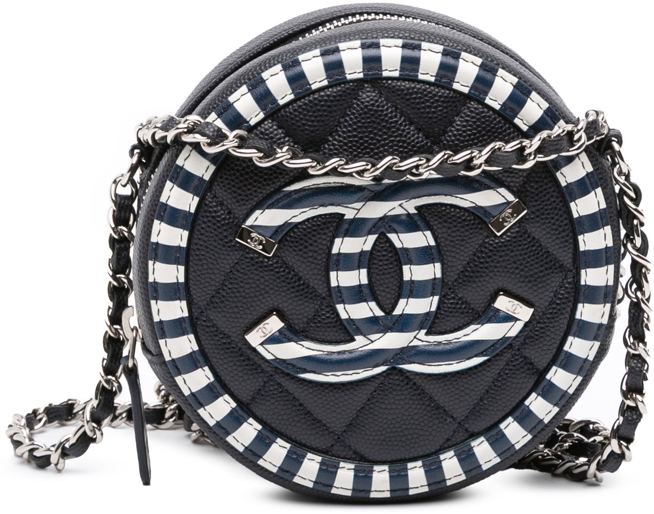 Chanel Caviar Striped CC Filigree Round Crossbody Blauw