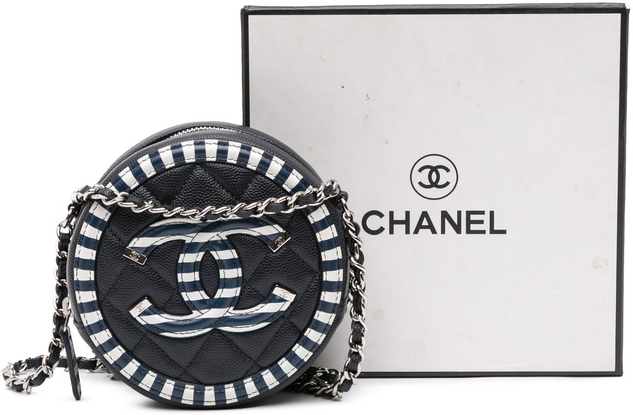 Chanel Caviar Striped CC Filigree Round Crossbody Blauw