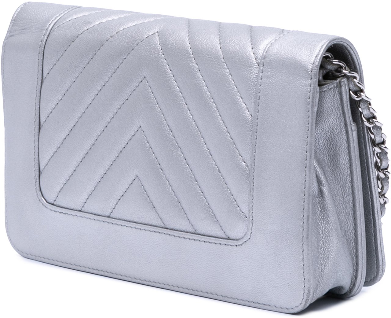 Chanel Chevron Quilted Metallic Lambskin Mademoiselle Wallet On Chain Zilver