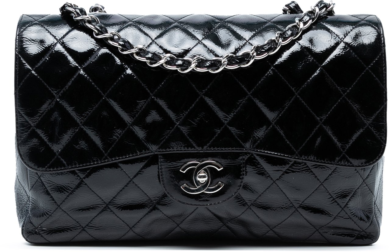 Chanel Jumbo Classic Crinkled Patent Single Flap Blauw