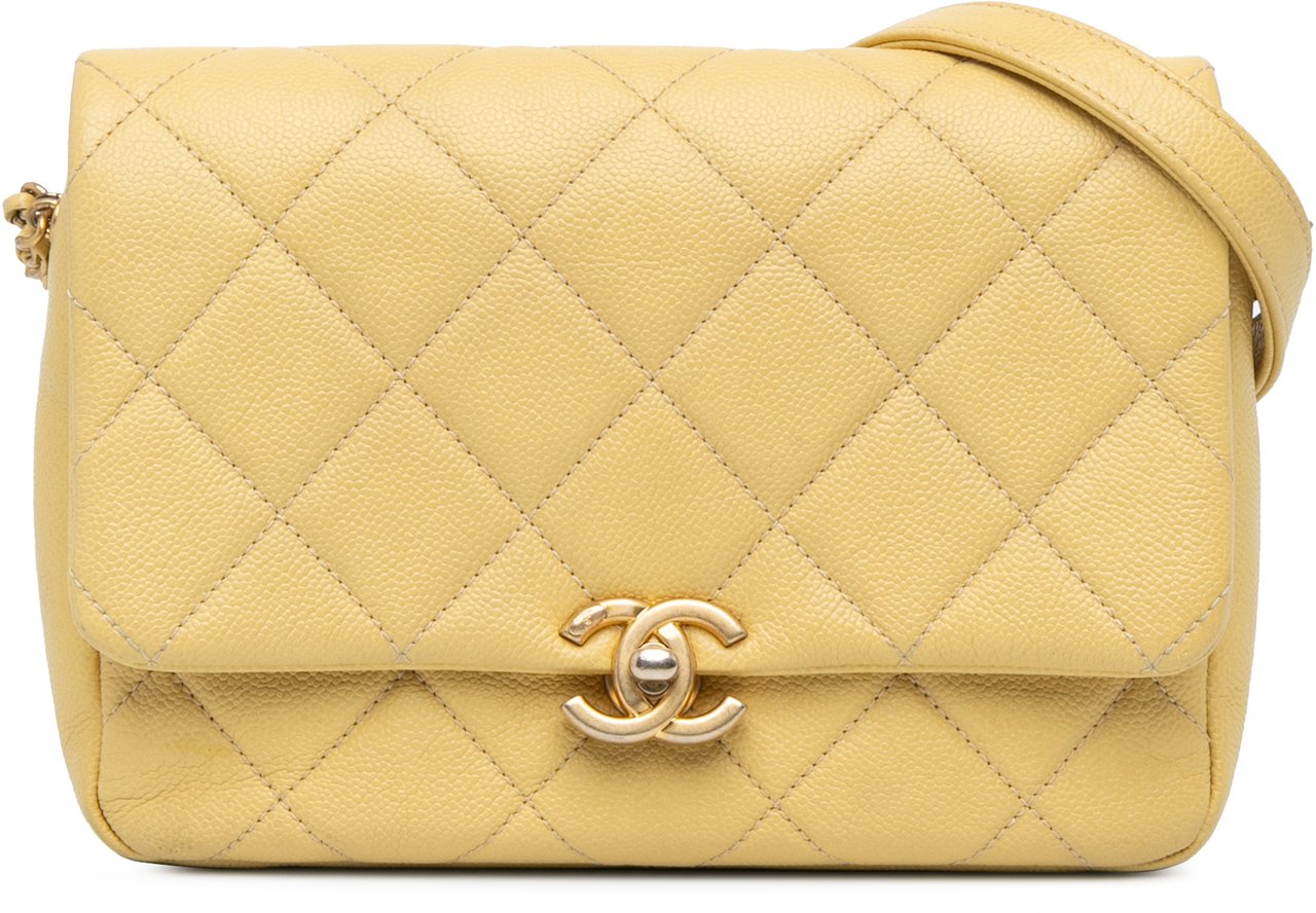 Chanel Small Quilted Caviar Chain Melody Flap Geel