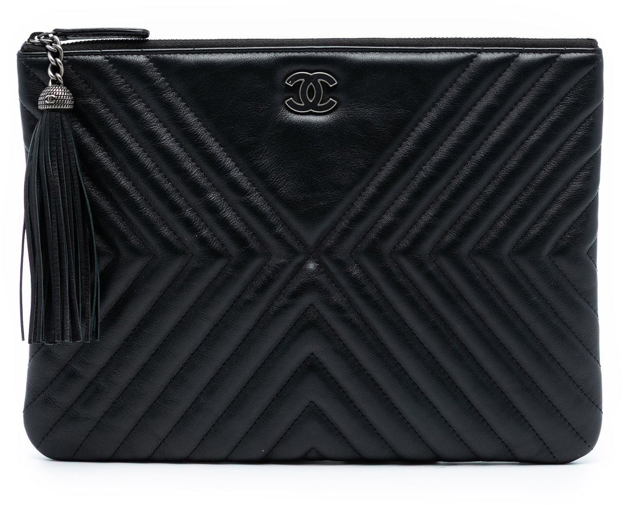 Chanel Medium Diagonal Chevron Calfskin Tassel O Case Clutch Zwart