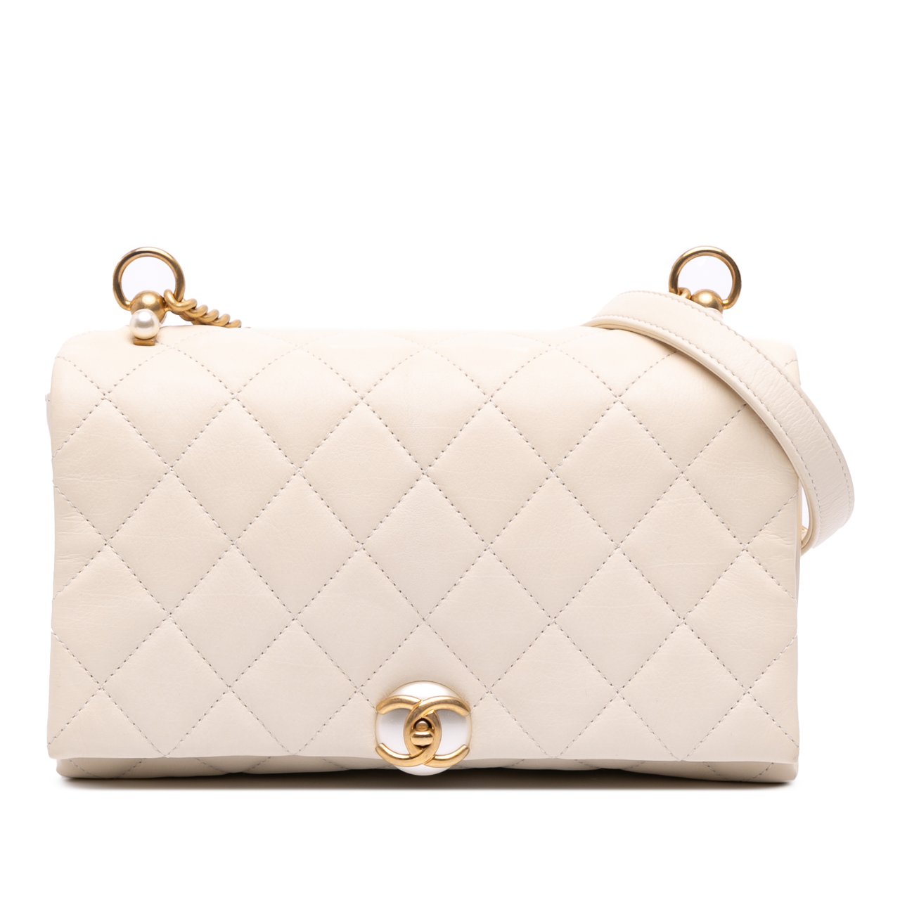 Chanel Quilted Calfskin Pearl CC Accordion Flap Wit