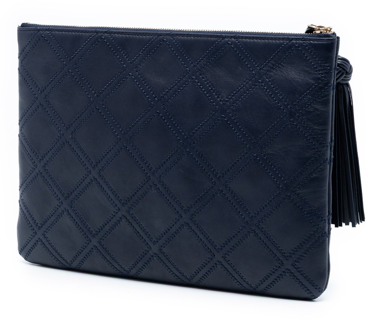 Chanel Medium Quilted Lambskin Double Stitch Tassel O Case Clutch Blauw