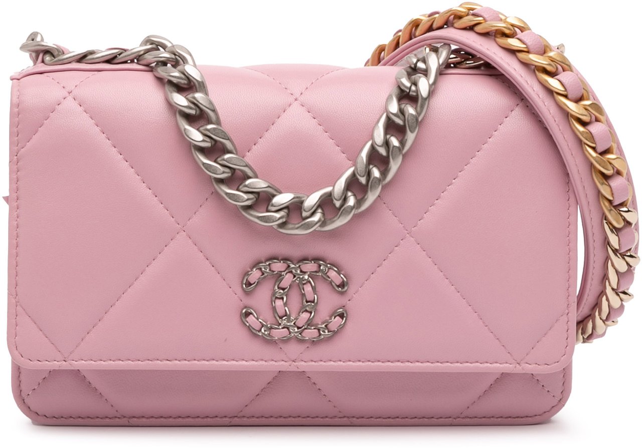 CHANEL 25S WALLET ON CHAIN 19 IN PEARLESCENT PINK WHITE LAMBSKIN
