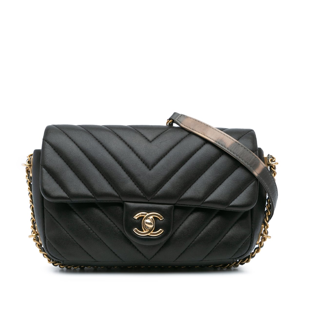 Chanel Mini Rectangular Chevron Lambskin Chain Around Flap Zwart