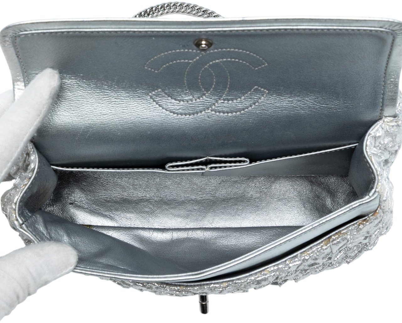 Chanel Small Classic Metallic Lame Bijoux Chain Double Flap Zilver