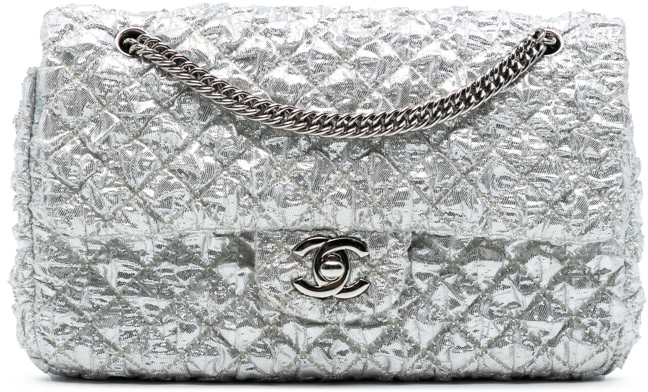 Chanel Small Classic Metallic Lame Bijoux Chain Double Flap Zilver