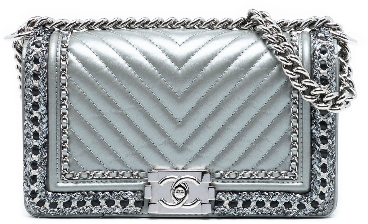 Chanel Old Medium Chevron Lambskin and Braided Tweed Jacket Boy Flap Zilver