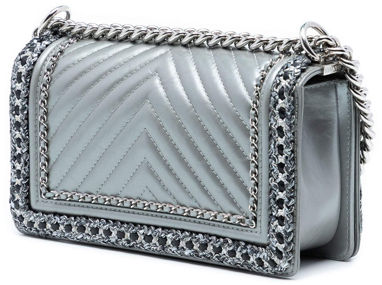 Chanel Old Medium Chevron Lambskin and Braided Tweed Jacket Boy Flap Zilver