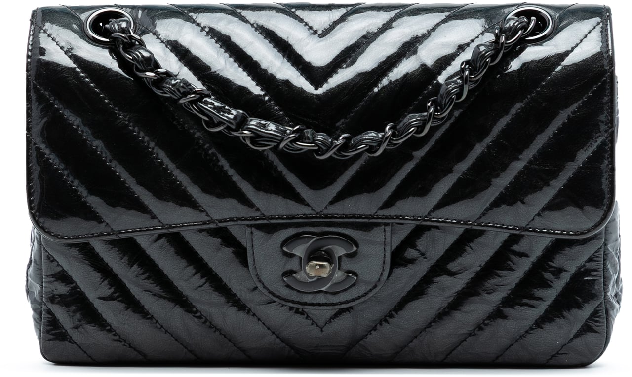 Chanel Small Classic Chevron Patent So Black Double Flap Zwart