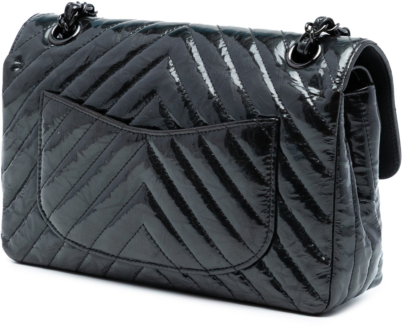 Chanel Small Classic Chevron Patent So Black Double Flap Zwart