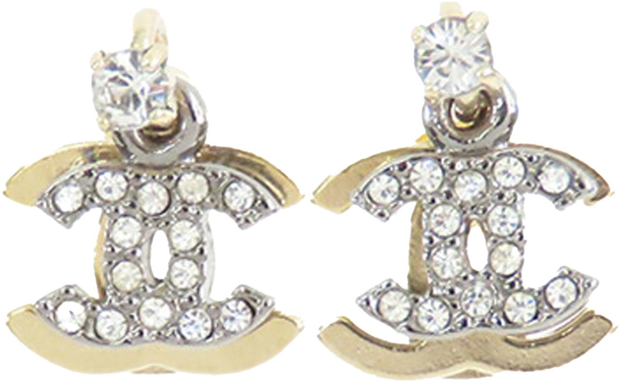 Chanel Gold and Silver Plated CC Rhinestones Drop Push Back Earrings Goud