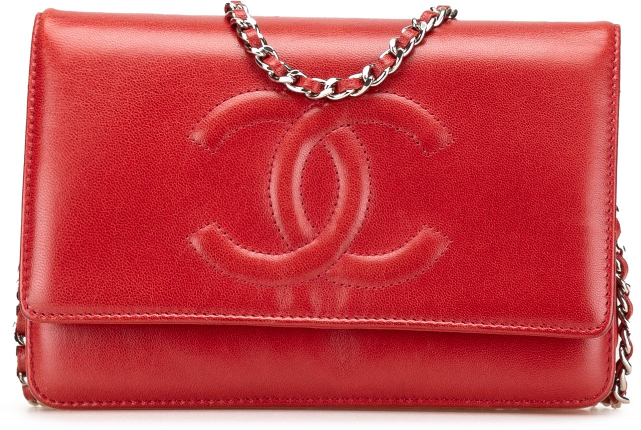 Chanel CC Calfskin Wallet On Chain Rood