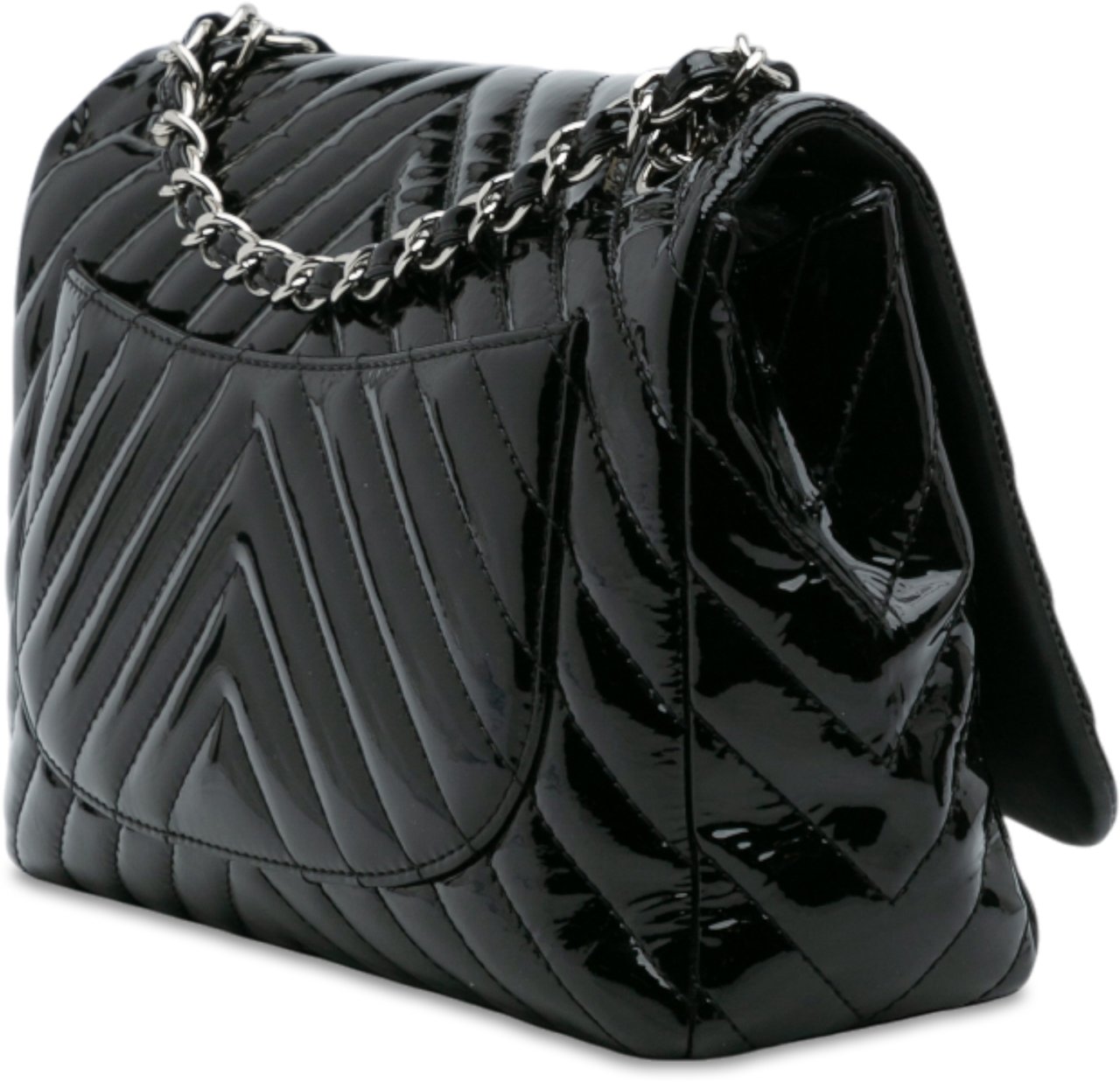 Chanel Jumbo Classic Chevron Patent Single Flap Zwart