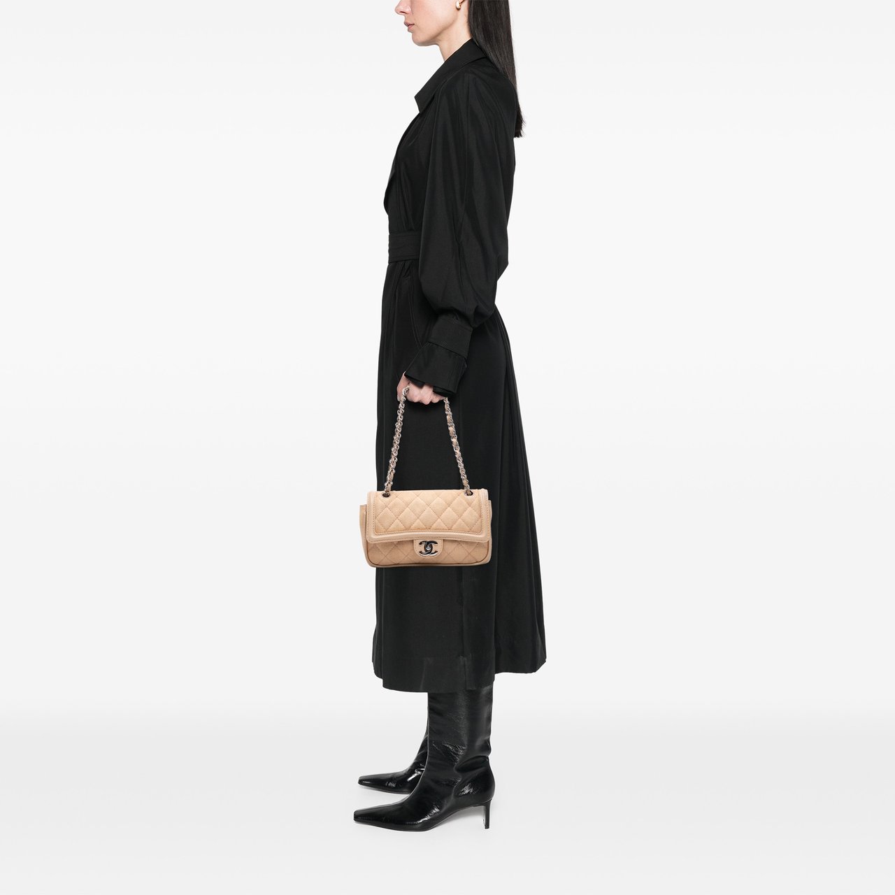 Chanel Medium Classic Lambskin Trimmed Canvas Line Double Flap Bruin