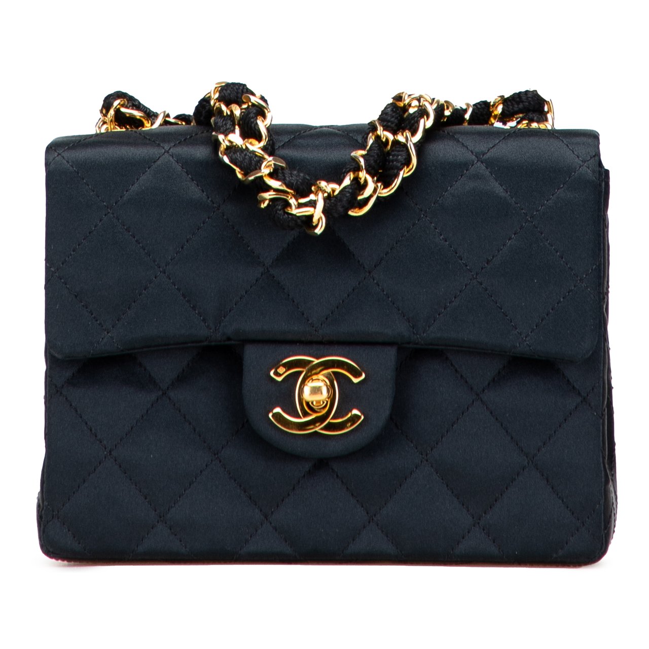Chanel Mini Square Quilted Satin Single Flap Zwart
