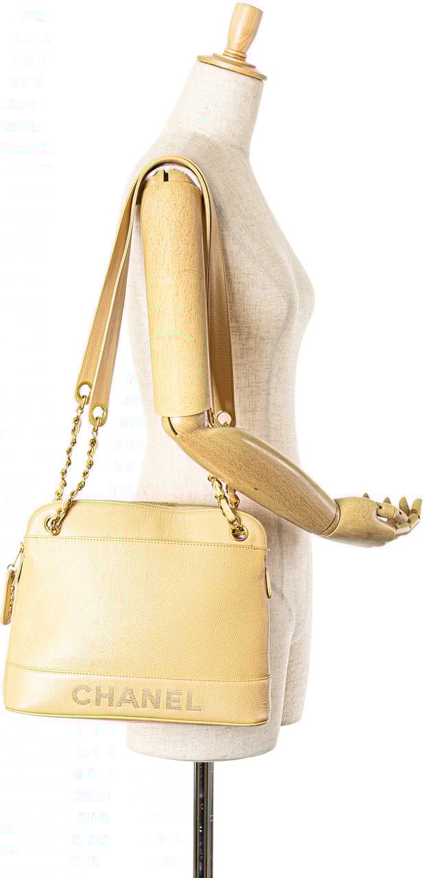 Chanel Caviar Logo Chain Shoulder Bag Geel