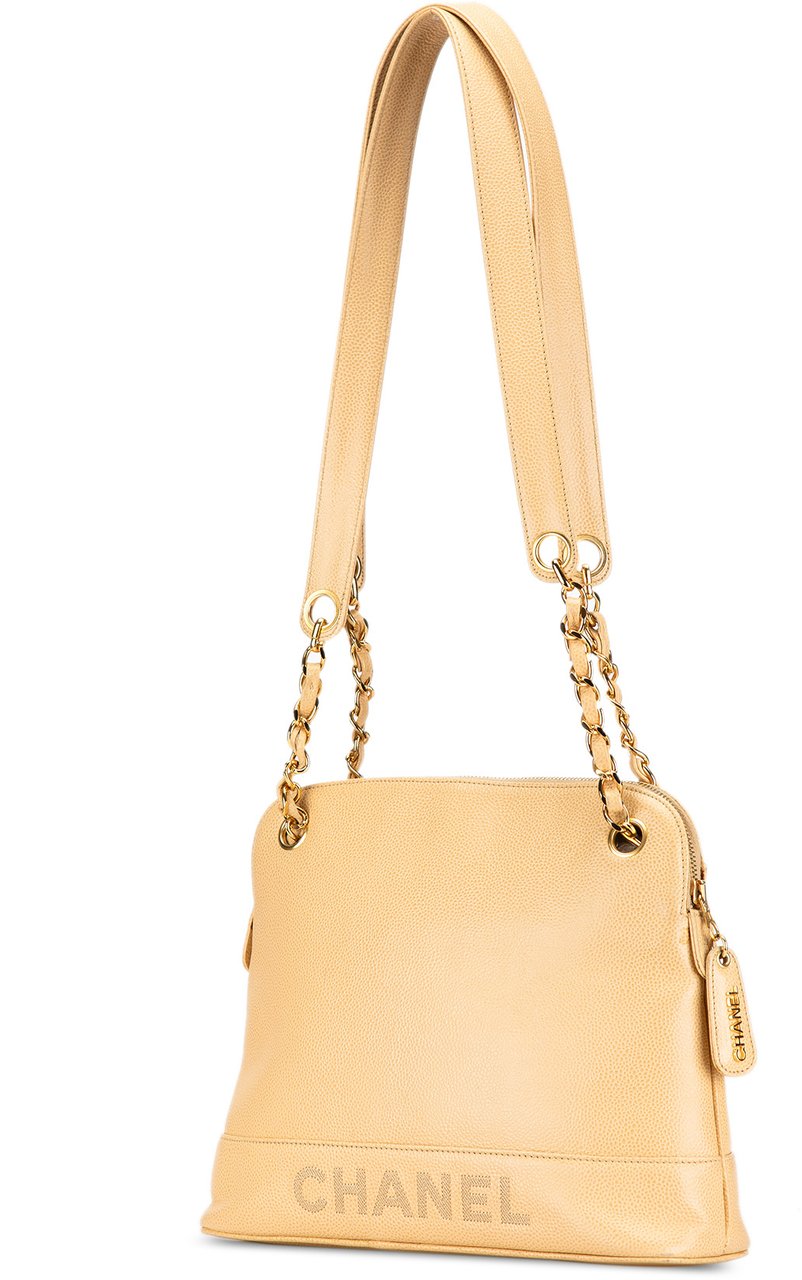 Chanel Caviar Logo Chain Shoulder Bag Geel