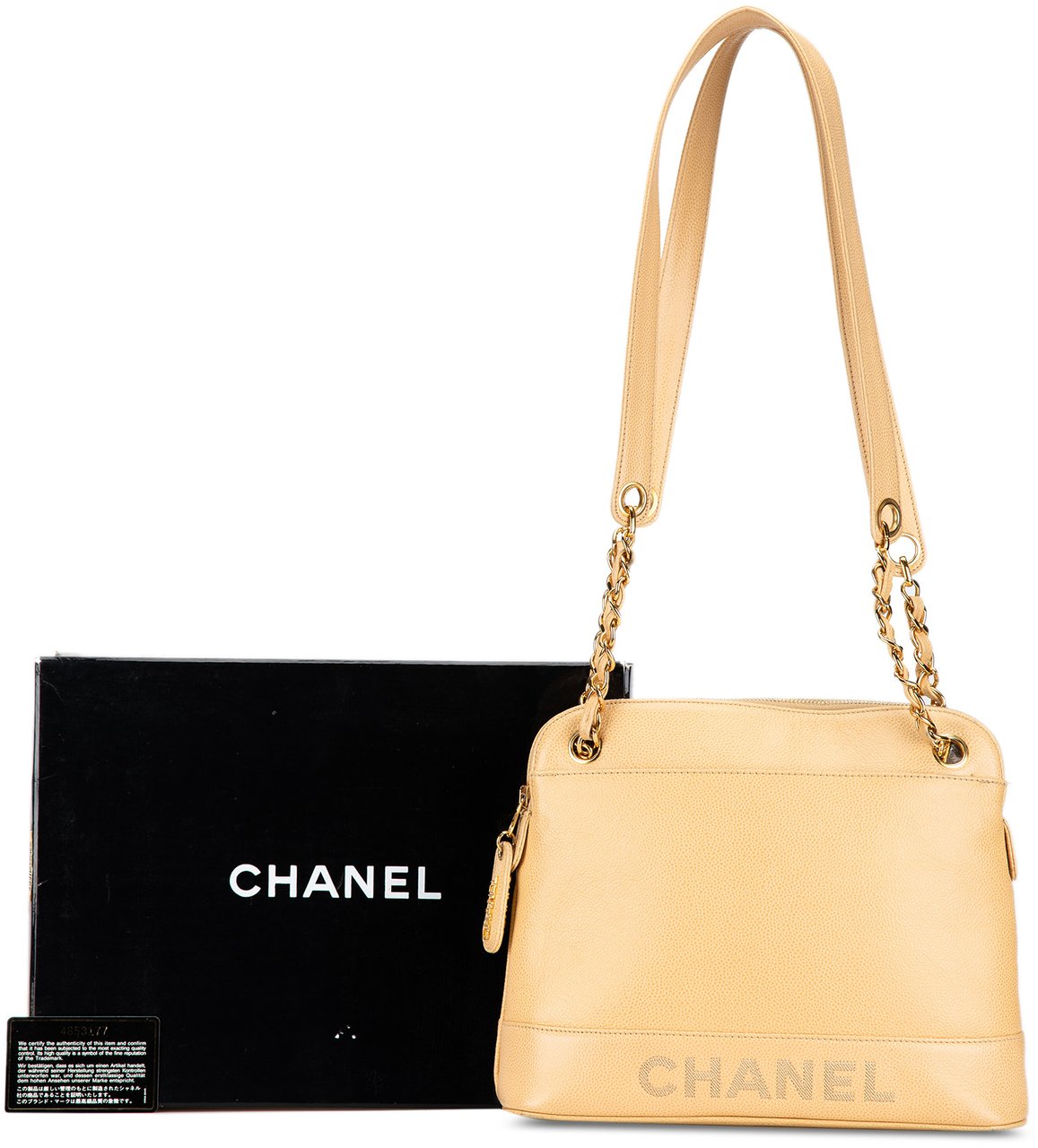 Chanel Caviar Logo Chain Shoulder Bag Geel