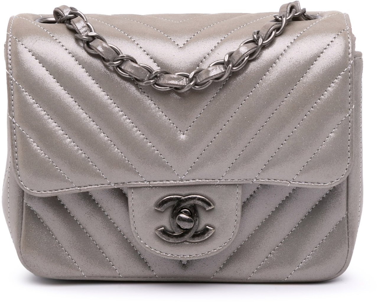 Chanel Mini Square Classic Chevron Iridescent Calfskin Single Flap Bruin
