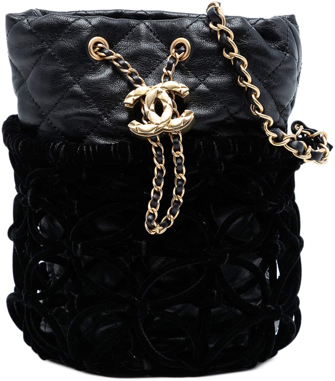 Chanel Braided Velvet Goatskin Drawstring Bucket Zwart