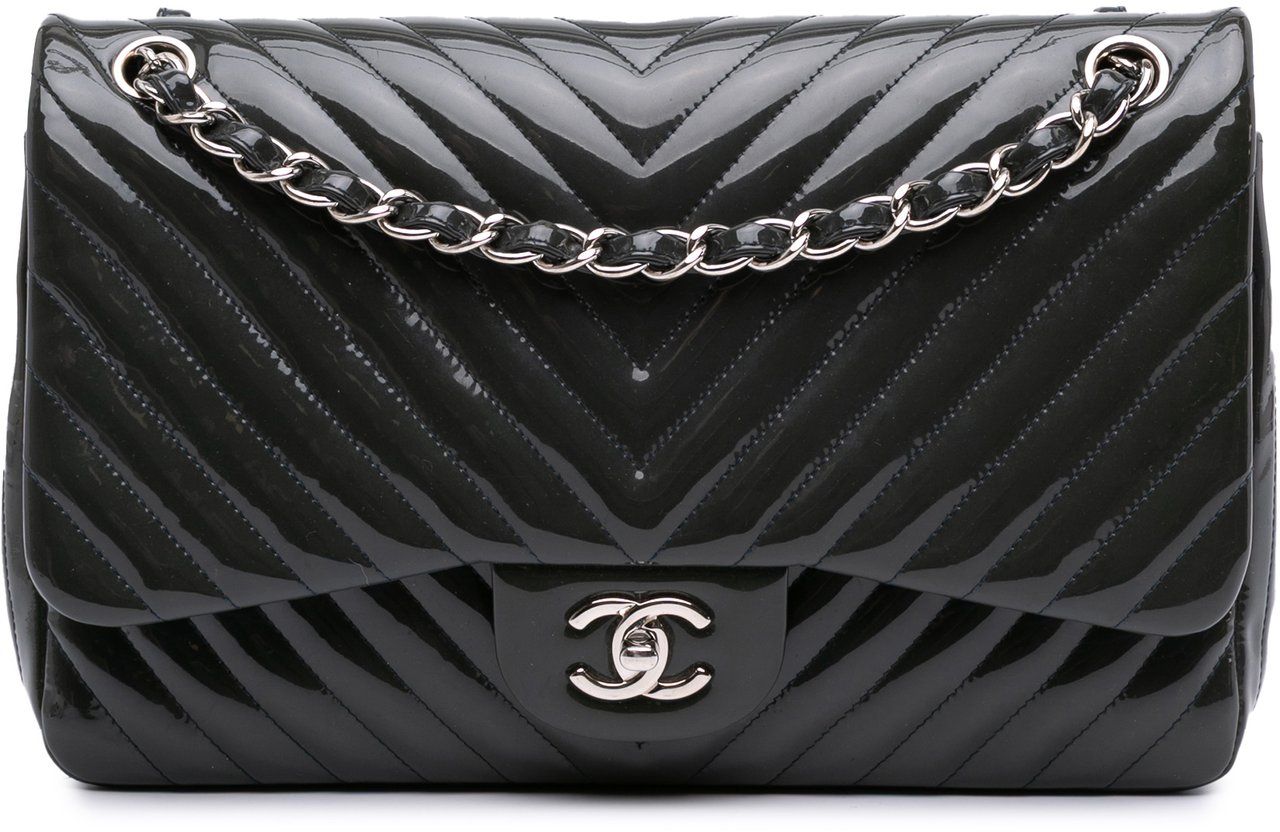 Chanel Jumbo Classic Chevron Patent Double Flap Blauw