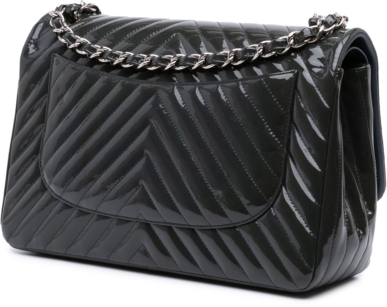 Chanel Jumbo Classic Chevron Patent Double Flap Blauw