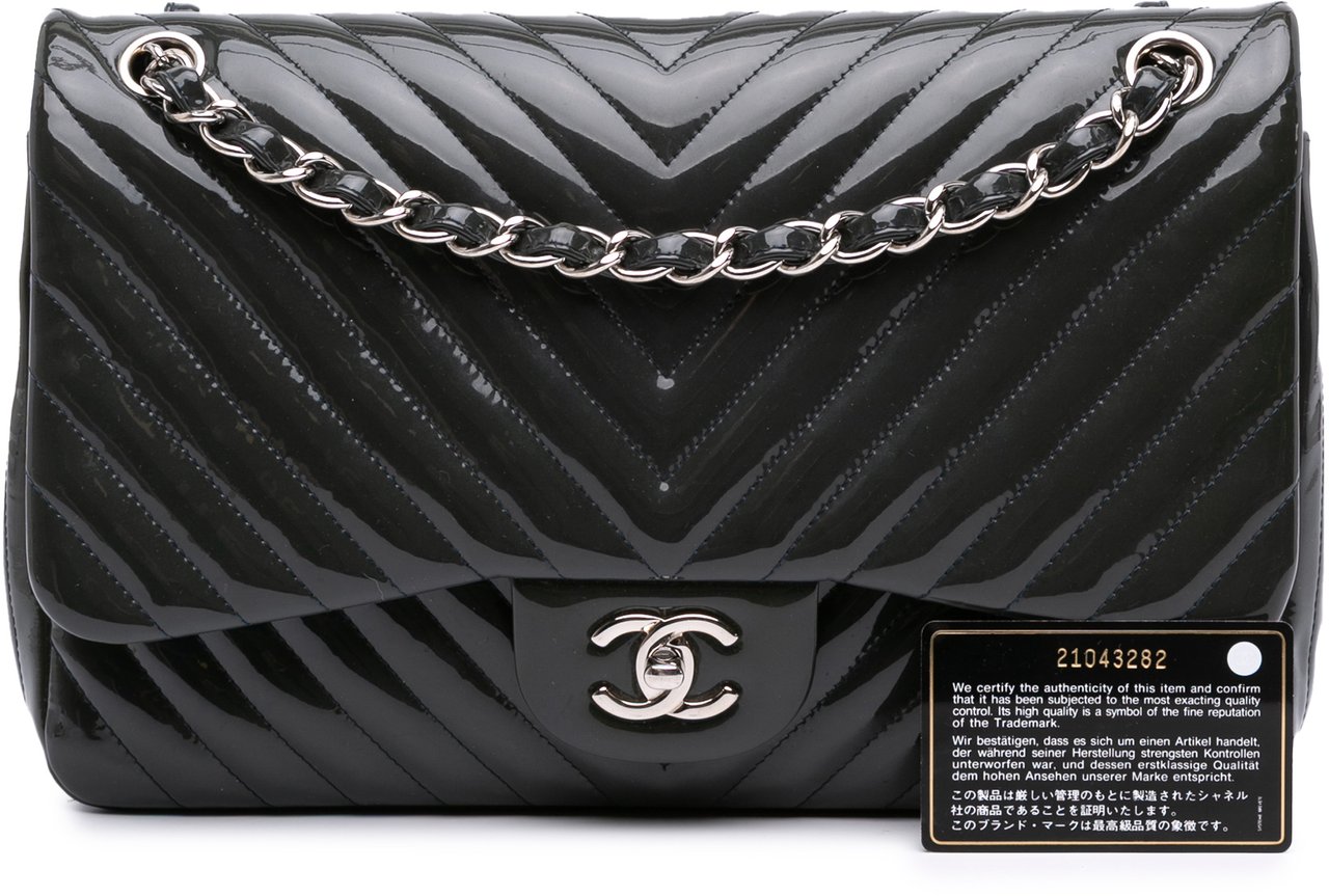 Chanel Jumbo Classic Chevron Patent Double Flap Blauw