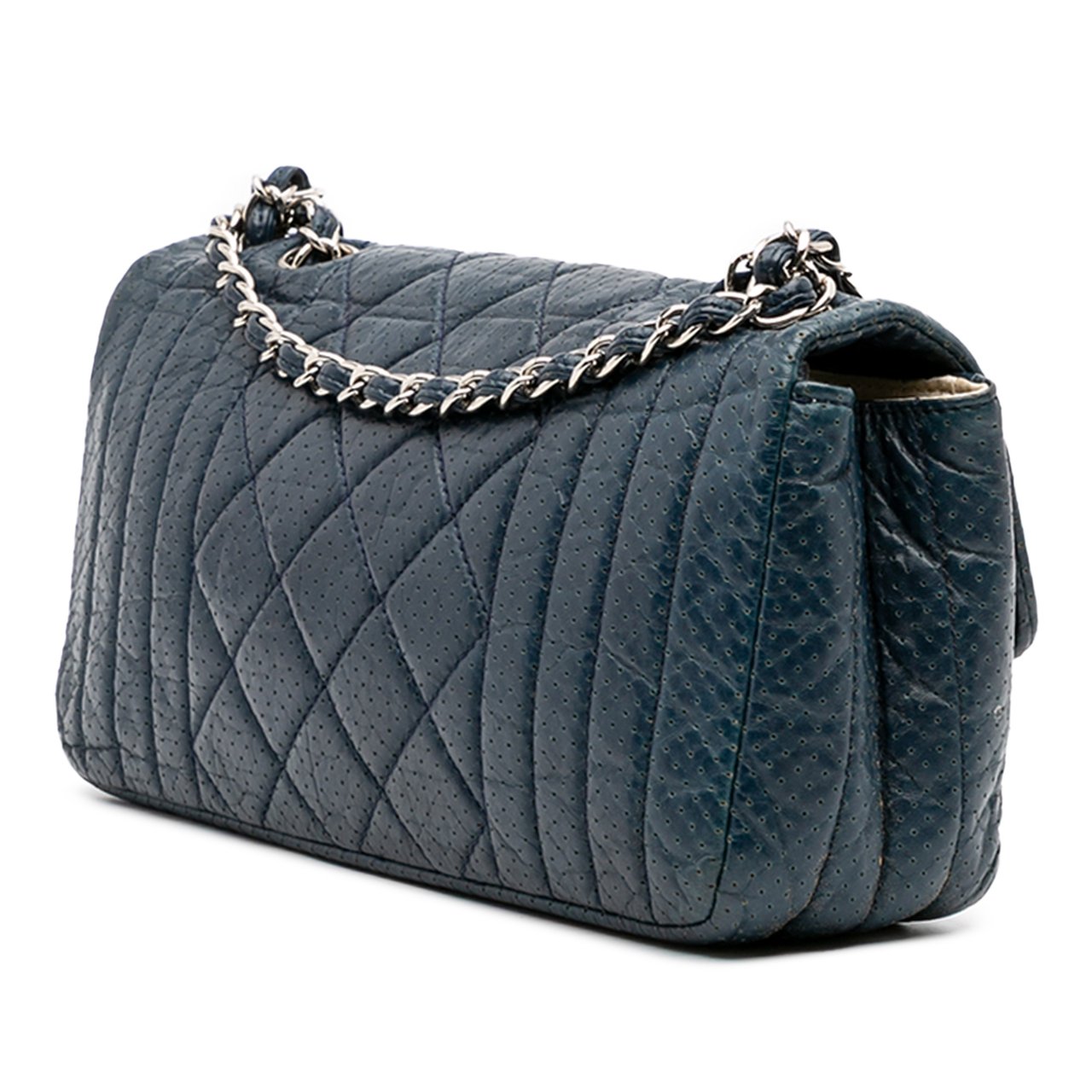 Chanel CC Quilted Perforated Aged Calfskin Flap Blauw