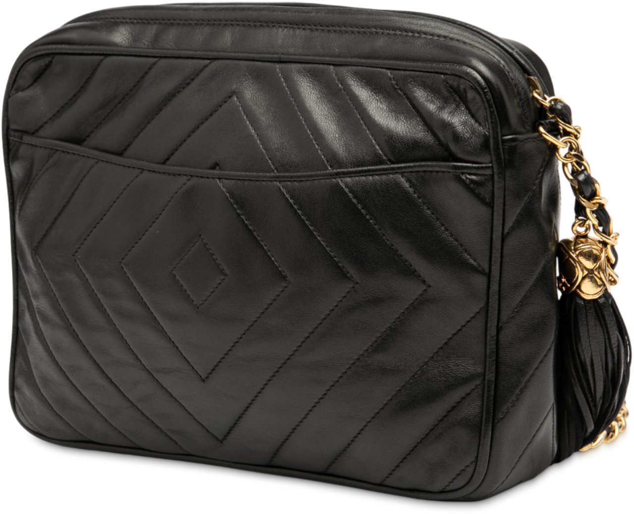 Chanel CC Chevron Quilted Lambskin Tassel Camera Case Zwart