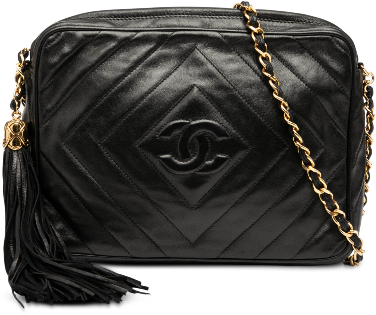 Chanel CC Chevron Quilted Lambskin Tassel Camera Case Zwart