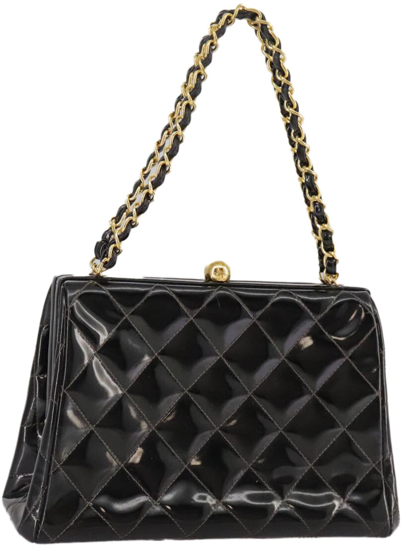 Chanel Chanel Vintage Chain Frame Bag Quilted Patent Small Zwart