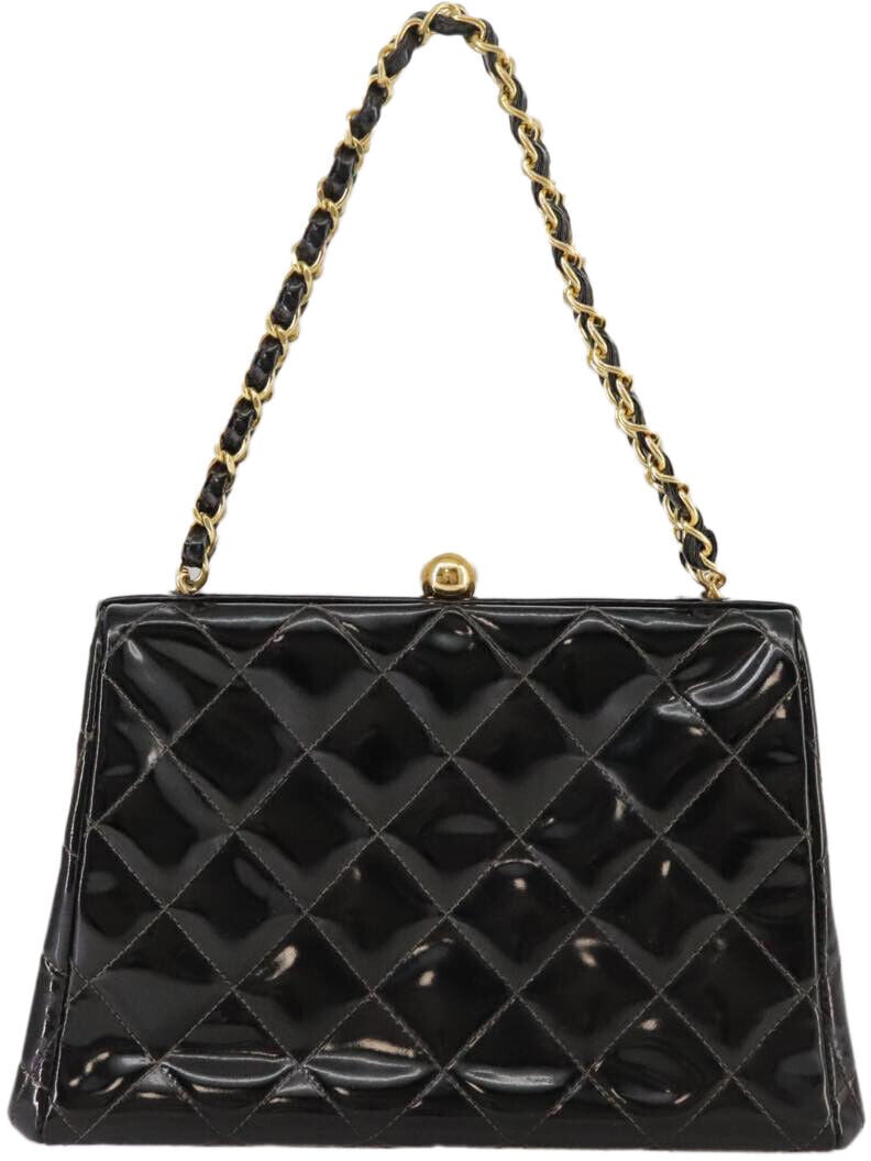 Chanel Chanel Vintage Chain Frame Bag Quilted Patent Small Zwart