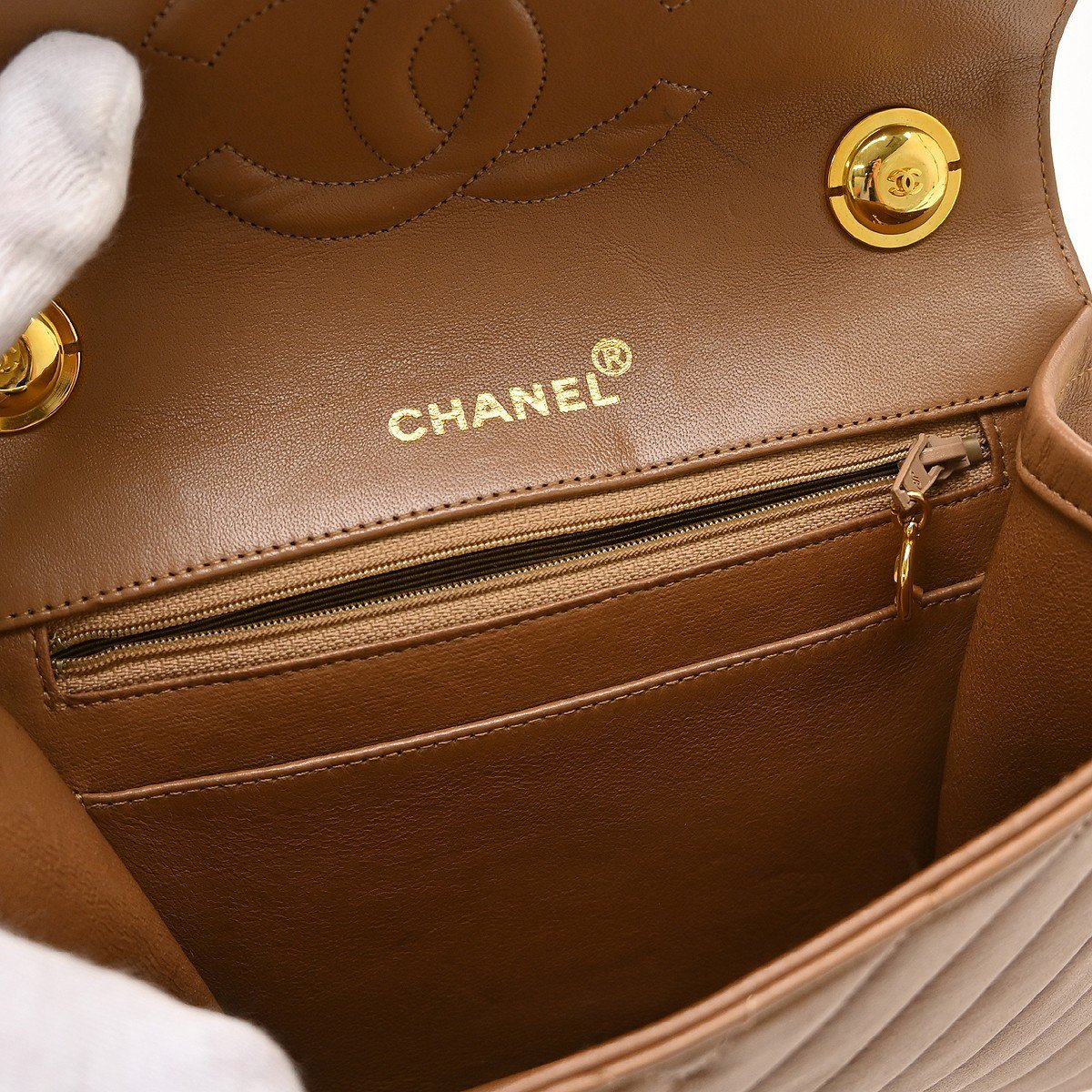 Chanel Vintage Push Lock Flap Chevron Lambskin Small Bruin