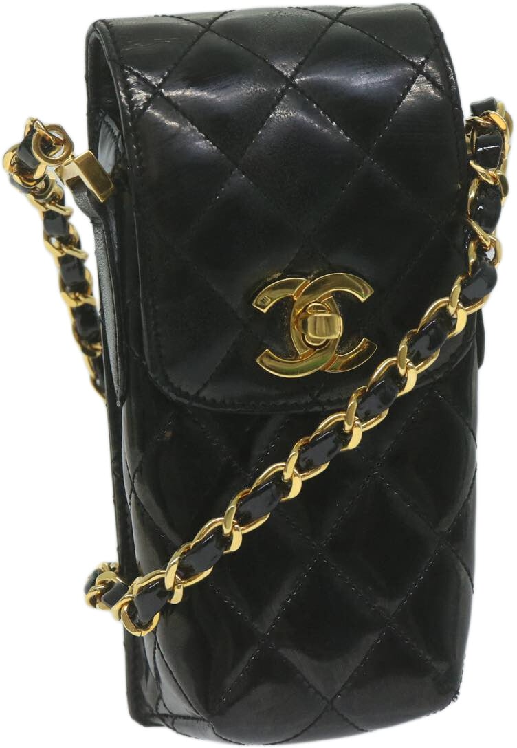Chanel Chanel Vintage CC Flap Phone Holder Crossbody Bag Quilted Patent Zwart
