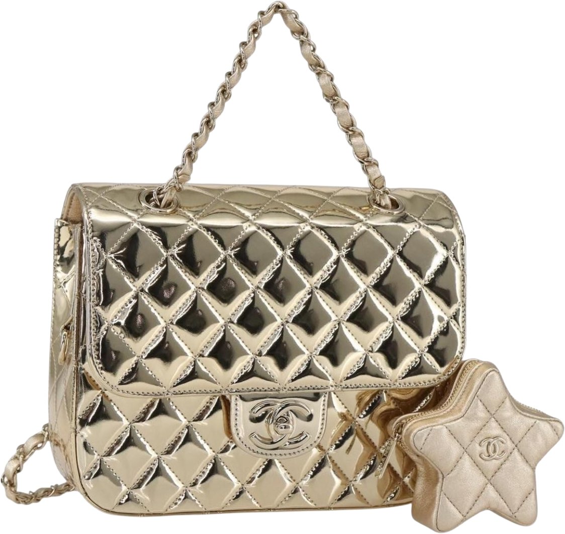 Chanel Hollywood Boulevard Backpack with Star Coin Purse Quilted Metallic Leather Goud