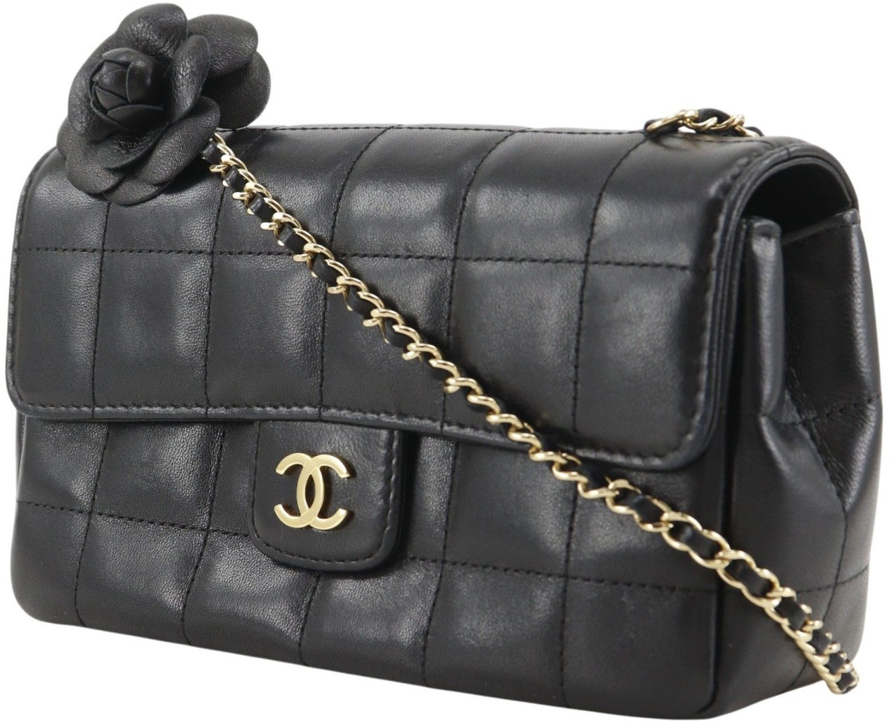 Chanel Camellia Chocolate Bar Flap Bag Quilted Lambskin Mini Zwart