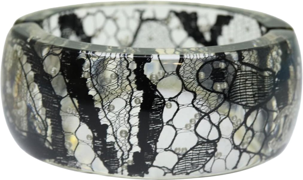 Chanel Chanel CC Hinged Bangle Bracelet Resin with Lace and Faux Pearls Zwart