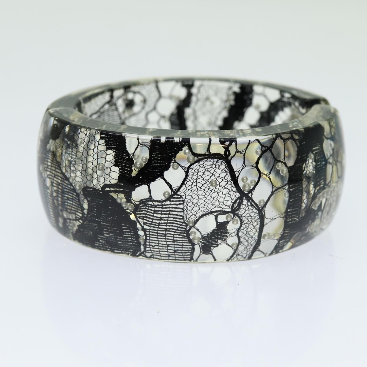 Chanel Chanel CC Hinged Bangle Bracelet Resin with Lace and Faux Pearls Zwart