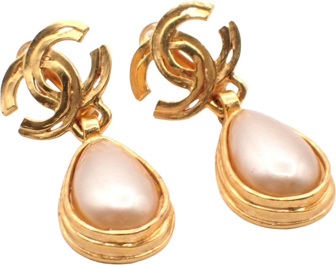 Chanel CC Teardrop Earrings Metal with Faux Pearl Goud
