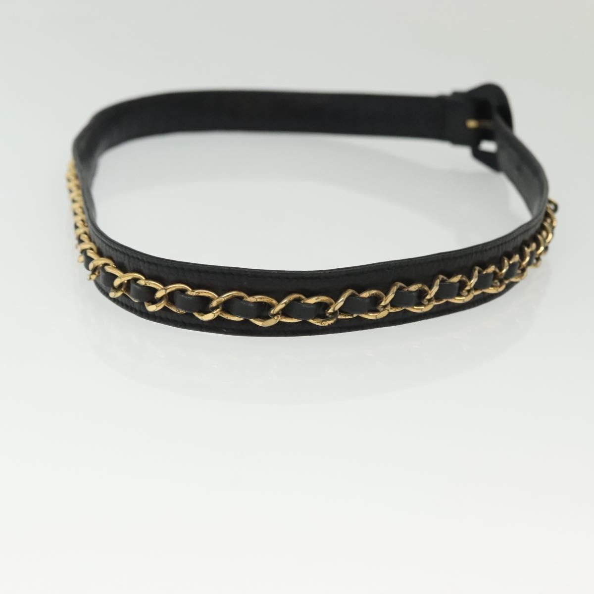 Chanel Chanel Vintage Buckle Chain Belt Leather and Metal Zwart