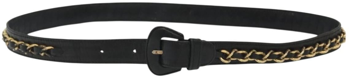 Chanel Chanel Vintage Buckle Chain Belt Leather and Metal Zwart