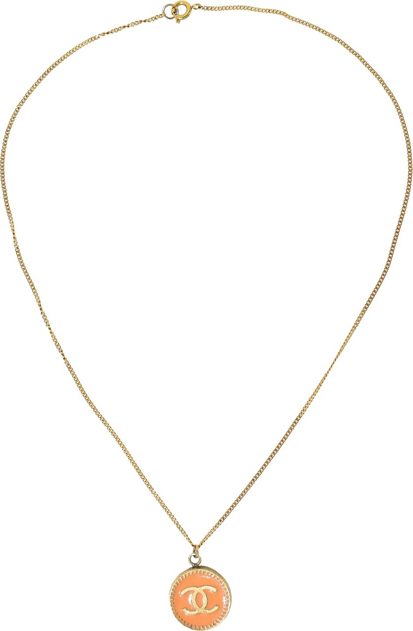 Chanel Chanel Vintage CC Round Pendant Necklace Metal Goud