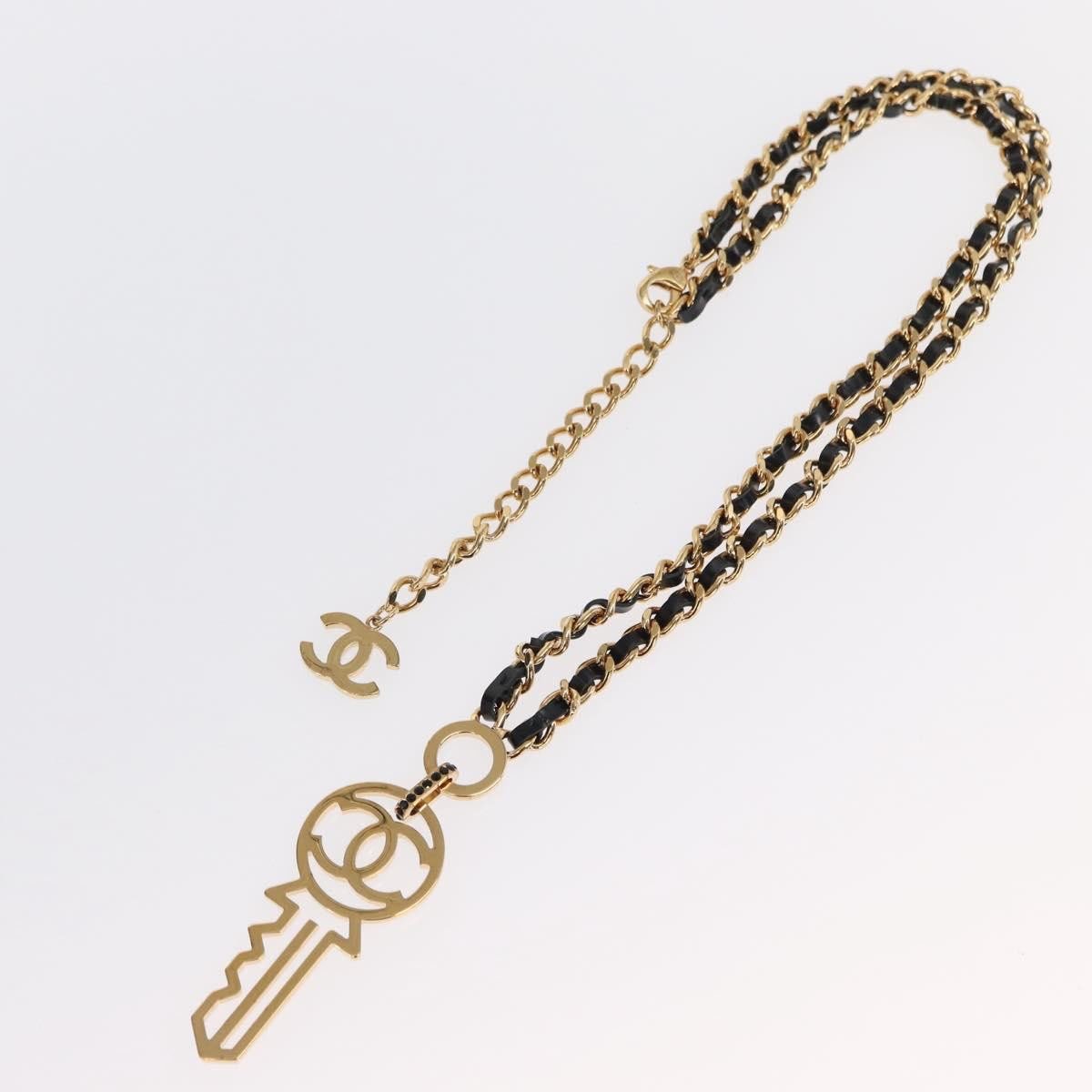 Chanel Chanel CC Key Pendant Necklace Metal with Leather and Crystals Goud