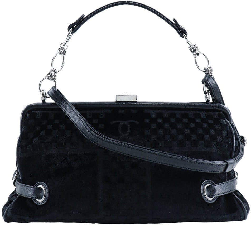 Chanel Vintage CC Side Belted Bowler Bag Check Embossed Velvet Medium Zwart