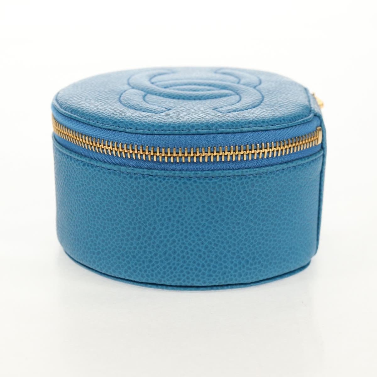 Chanel Chanel Vintage Timeless Round Jewelry Case Caviar Mini Blauw